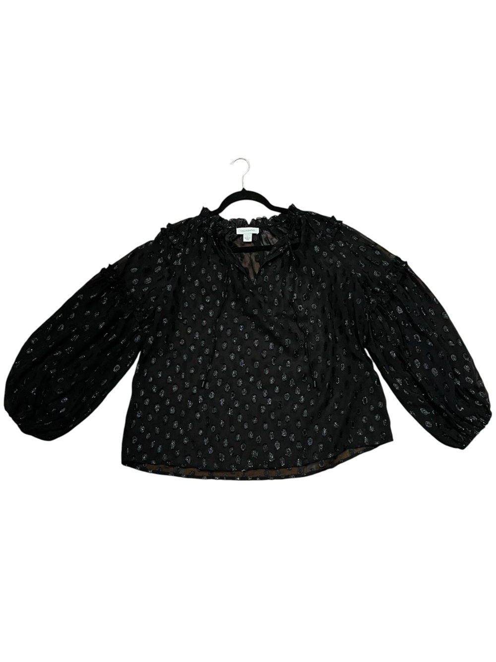 Calligraphe Anthro Black Metallic Sheer Tie Neck Blouse L - Picture 3 of 8